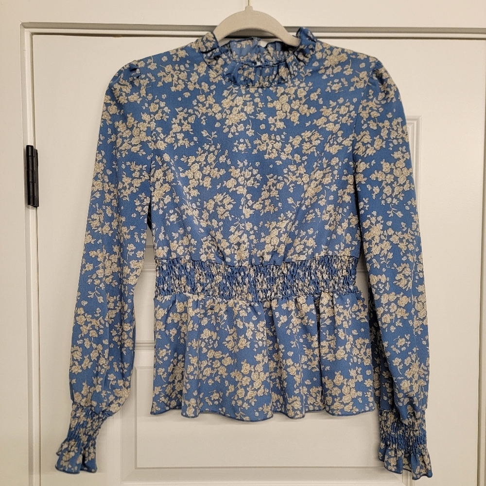 SHEIN Blue Cottagecore Floral Ruffle Mock Neck Smocked Waist Peplum Blouse